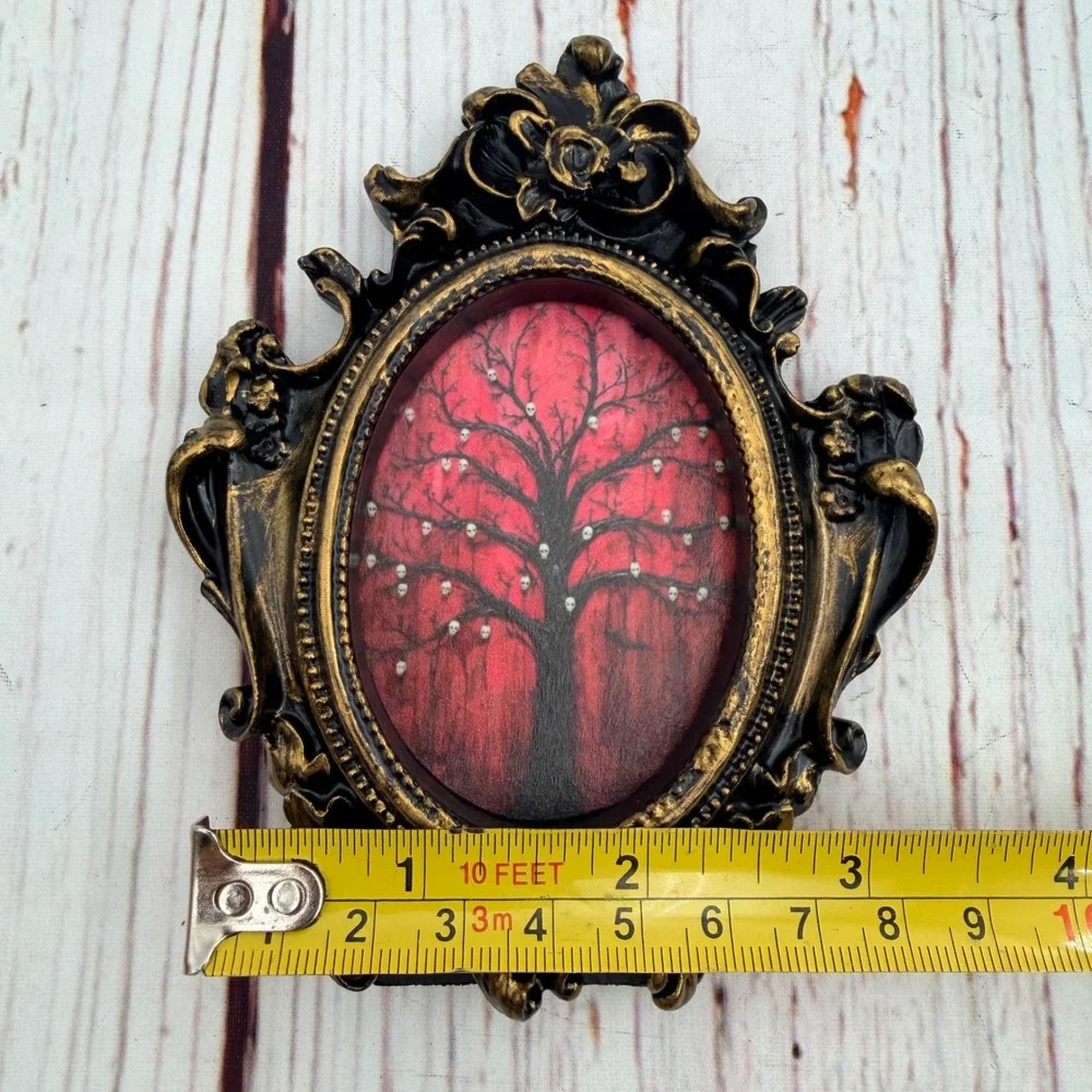Gothic Skull Tree Art Print Ornate Black Gold Baroque Resin Frame 5 inch Decor